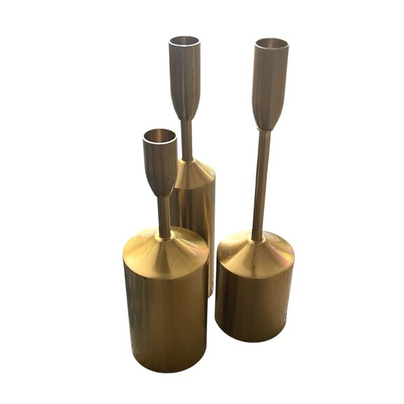 Set of 3 Mid Century Modern Brass Taper Candle Holders Minimalist Decor - Picture 1 of 10